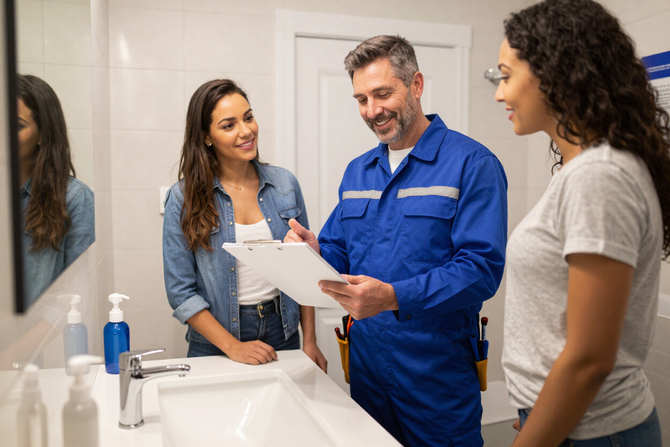 Plumber discussing a repair plan with homeowners near a bathroom sink.