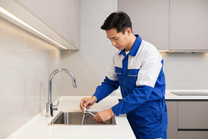Plumber repairing a kitchen sink under a cabinet.