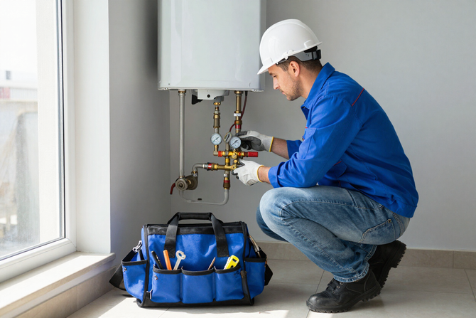 Plumber inspecting a water heater in a utility room.