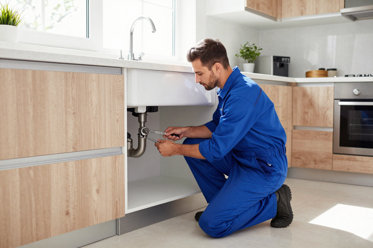Plumber repairing a kitchen sink inside a modern home.