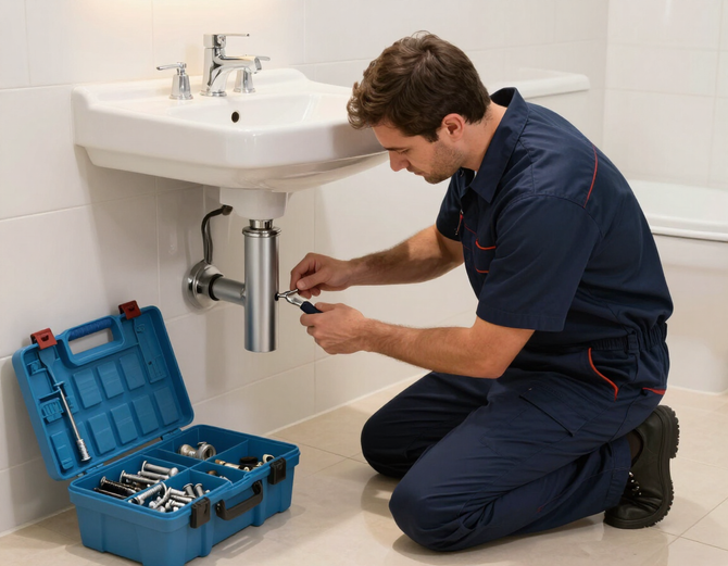 Plumber repairing a leak under a bathroom sink.