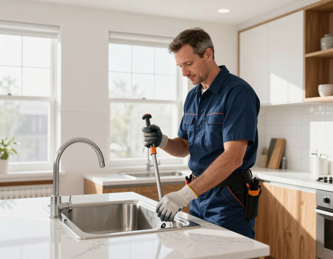 Plumber clearing a clogged kitchen drain.