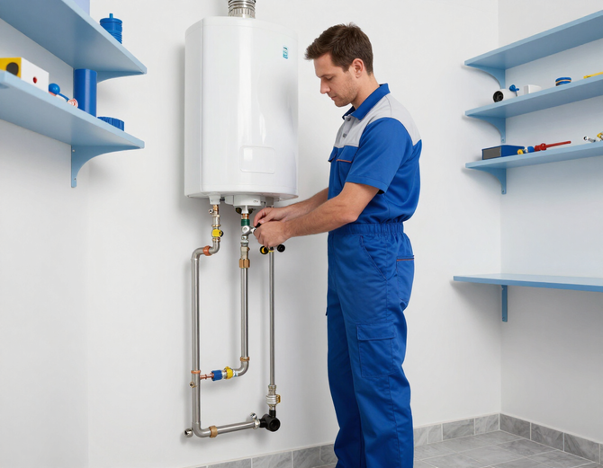 Plumber installing a water heater in a utility room.