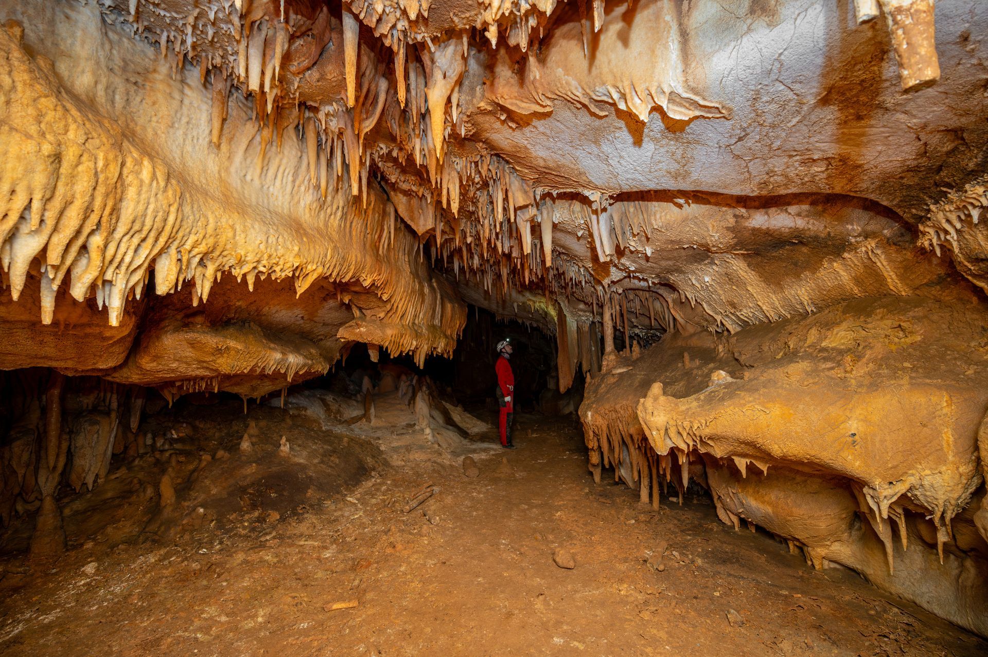 A man in a red jacket is standing in a cave.