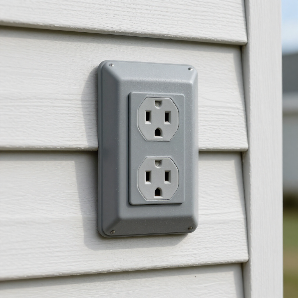 Outdoor duplex electrical outlet on a gray siding wall with a weatherproof cover