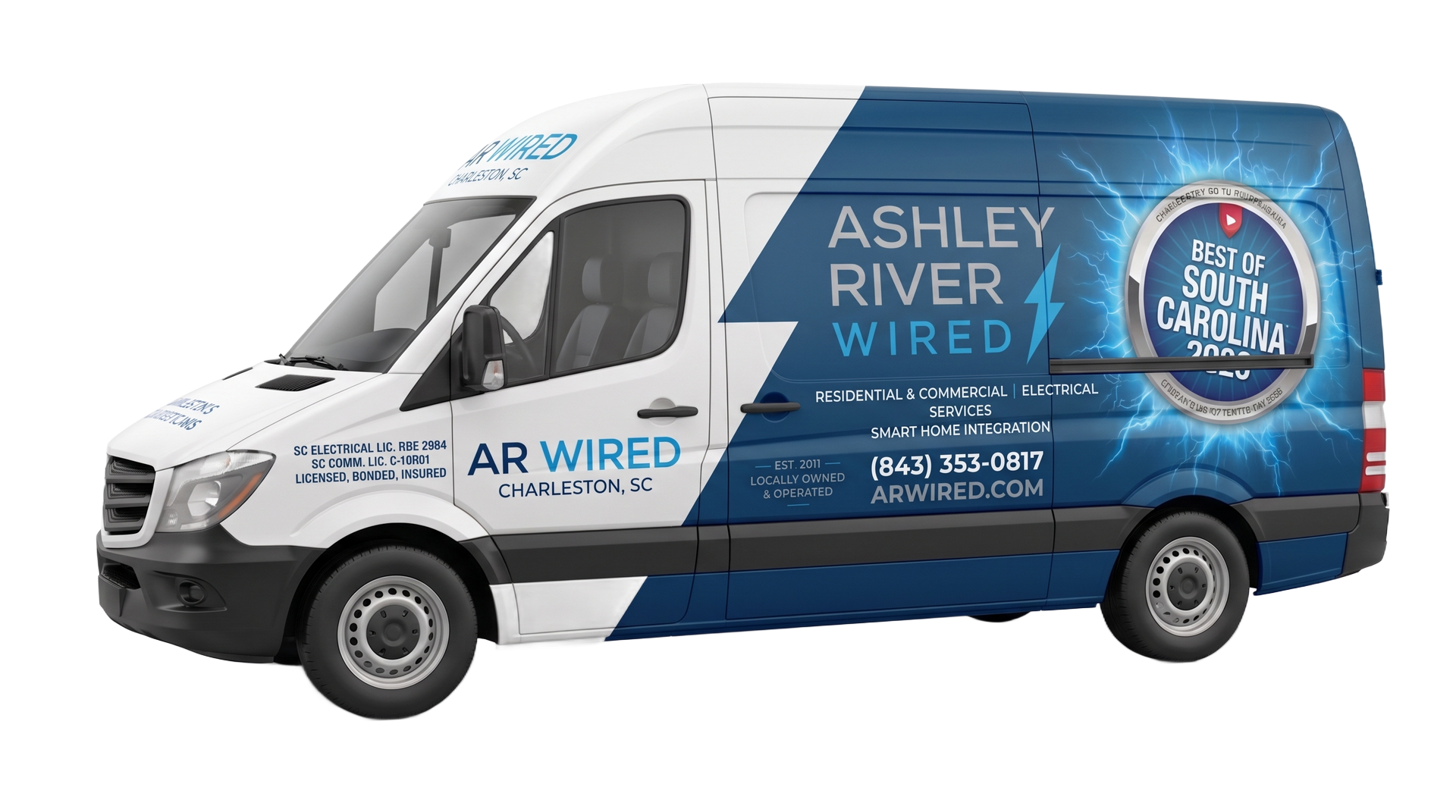 White-and-blue Ashly River Wired van with company branding on the side
