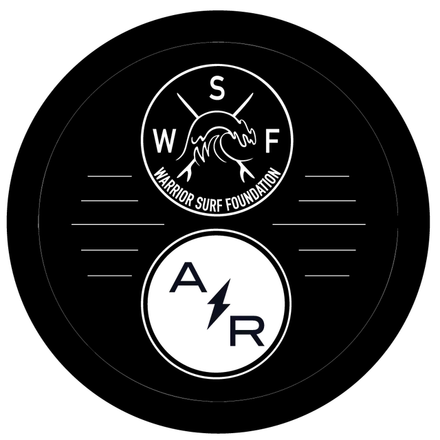 Black circular logo with White Water Surf Foundation and A/R symbols inside white circles