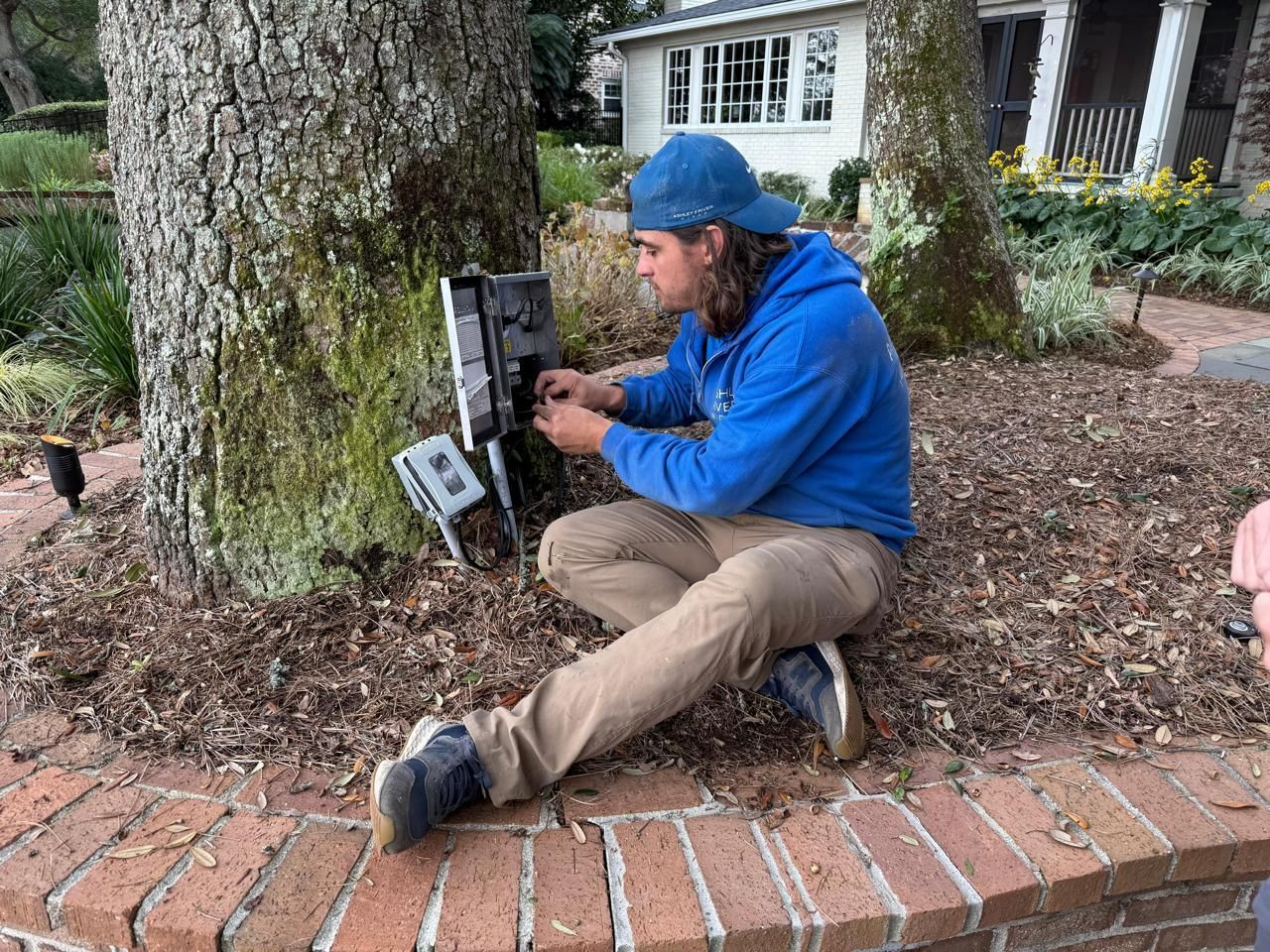 Technician kneeling beside a tree, working on a mounted electrical box in a yard