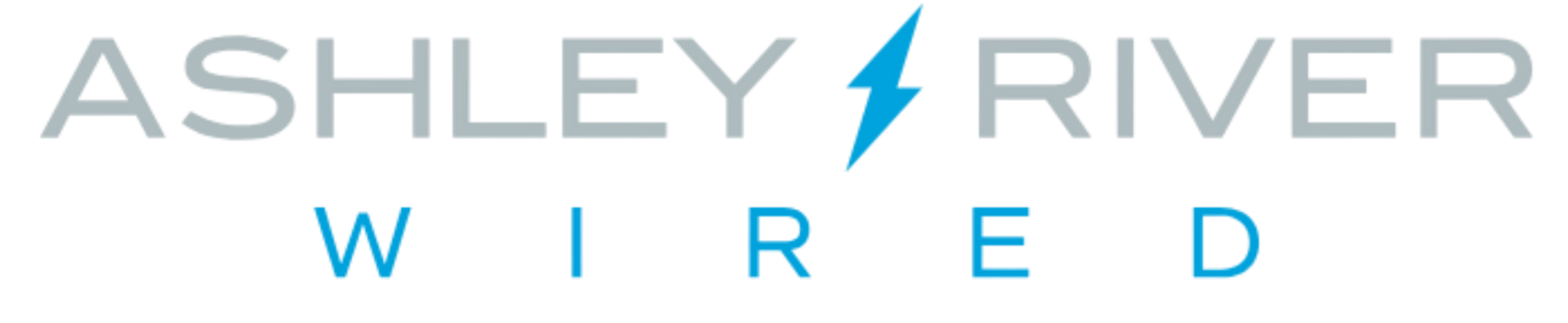 Ashley River Wired logo with gray and blue text and a blue lightning bolt icon