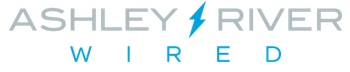 Ashley River Wired logo with gray and blue text and a blue lightning bolt icon
