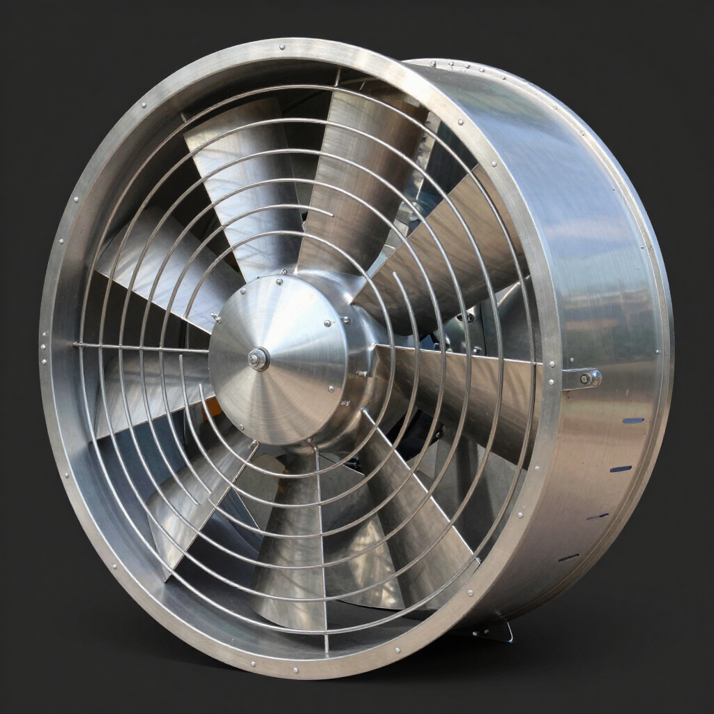 Large industrial metal ventilation fan with a circular silver grille on a dark background