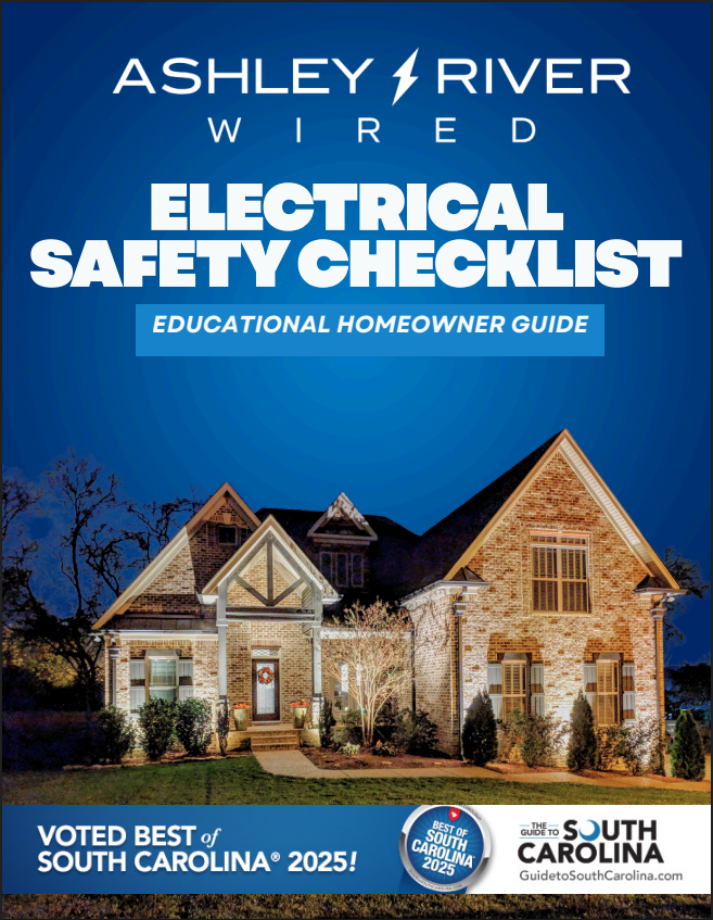 Ashley River Wired electrical safety checklist cover featuring a lit house at night on a blue background.