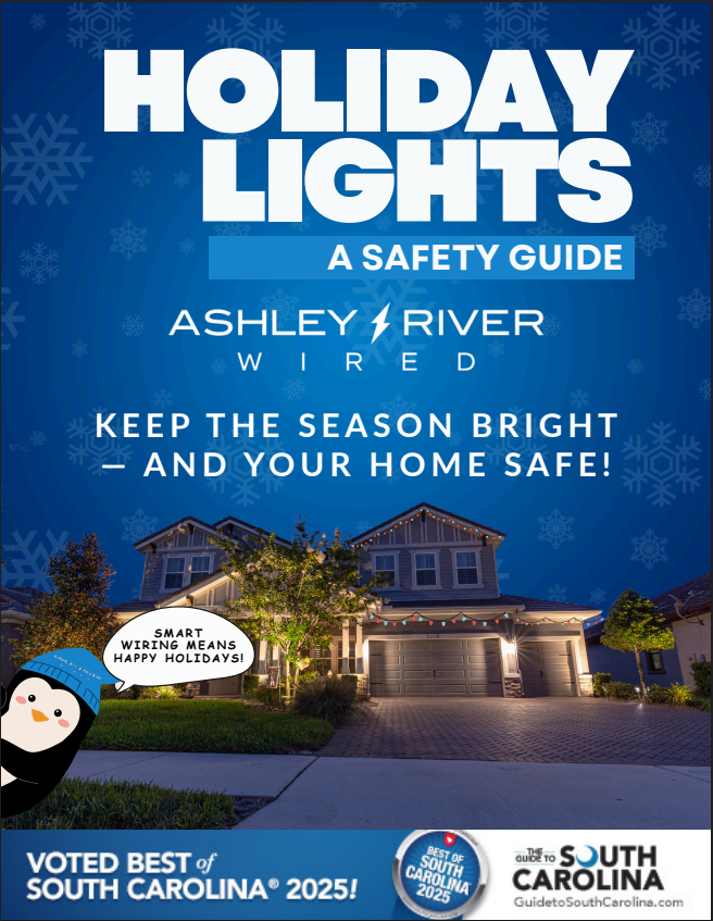 Holiday lights safety guide by Ashley River Wired over a lit home at dusk with holiday branding and logos