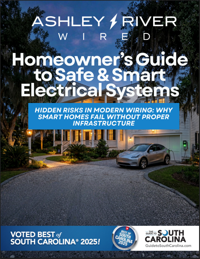 Ashley River Wired guide cover: modern home's smart electrical systems at dusk with South Carolina branding.