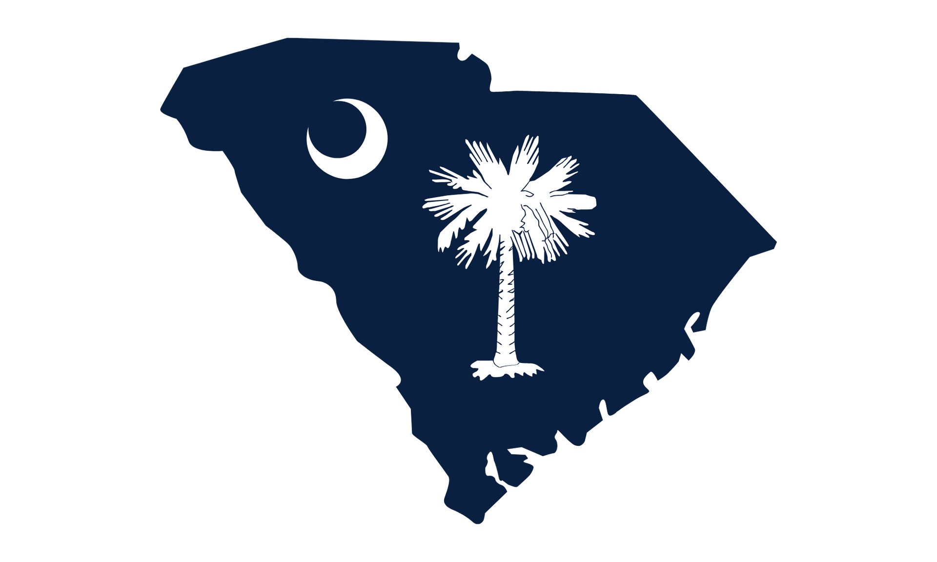 Dark blue South Carolina state outline with a white crescent and palmetto tree emblem