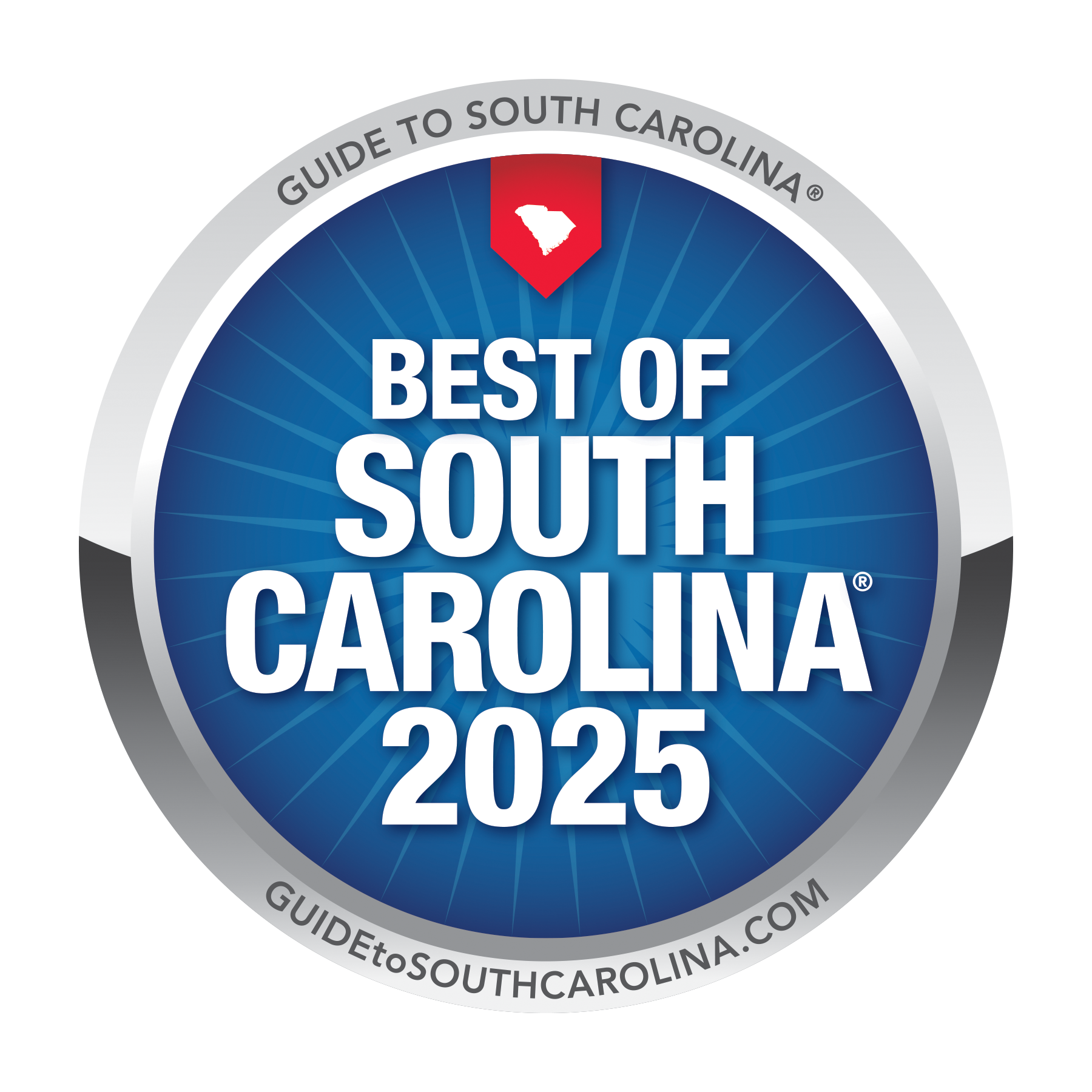 Best of South Carolina 2025 blue circular award badge with Guide to South Carolina branding