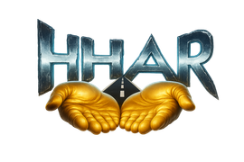 HHAR logo with two golden hands beneath metallic blue letters