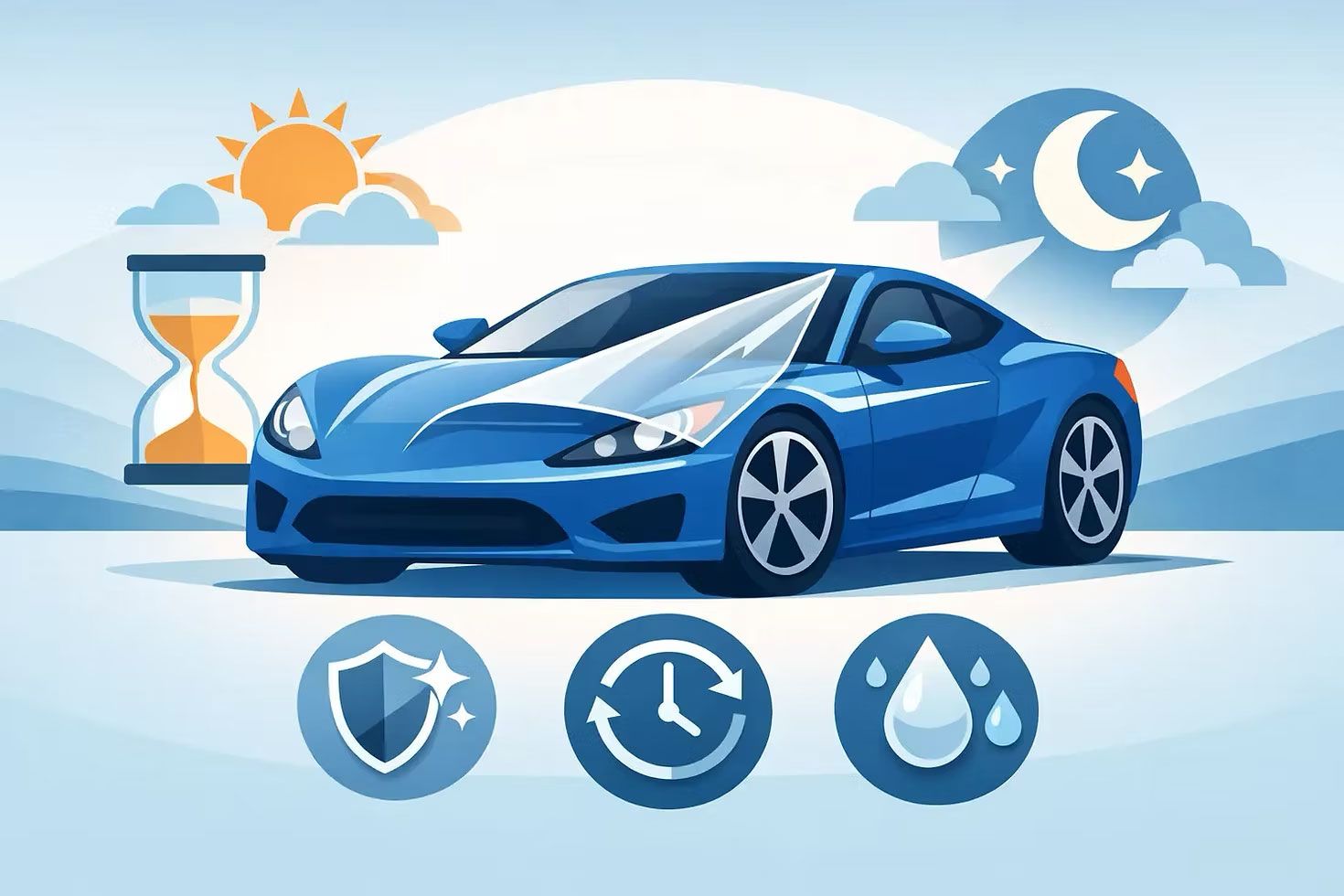 Blue sports car with sun, moon, hourglass, and clock icons suggesting all-day performance