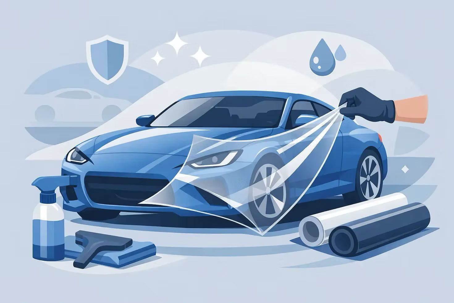 Blue car being washed with spray bottle, sponge, and hose, with water and shield icons in the background