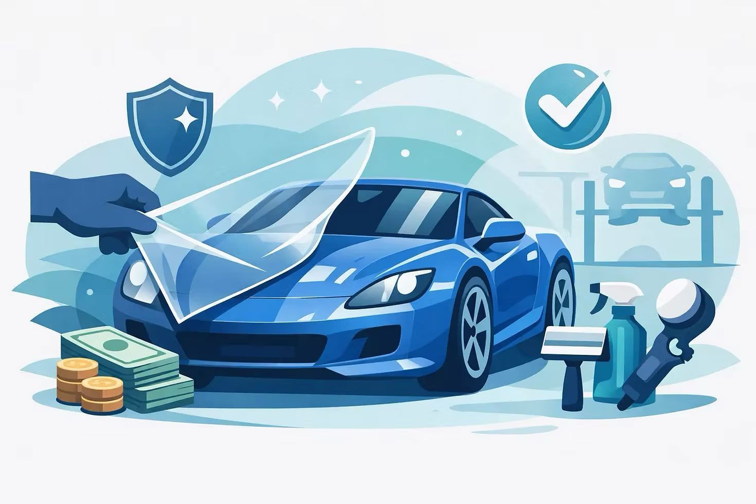 Blue car with insurance shield, checkmark, coins, and a mechanic under a transparent cover