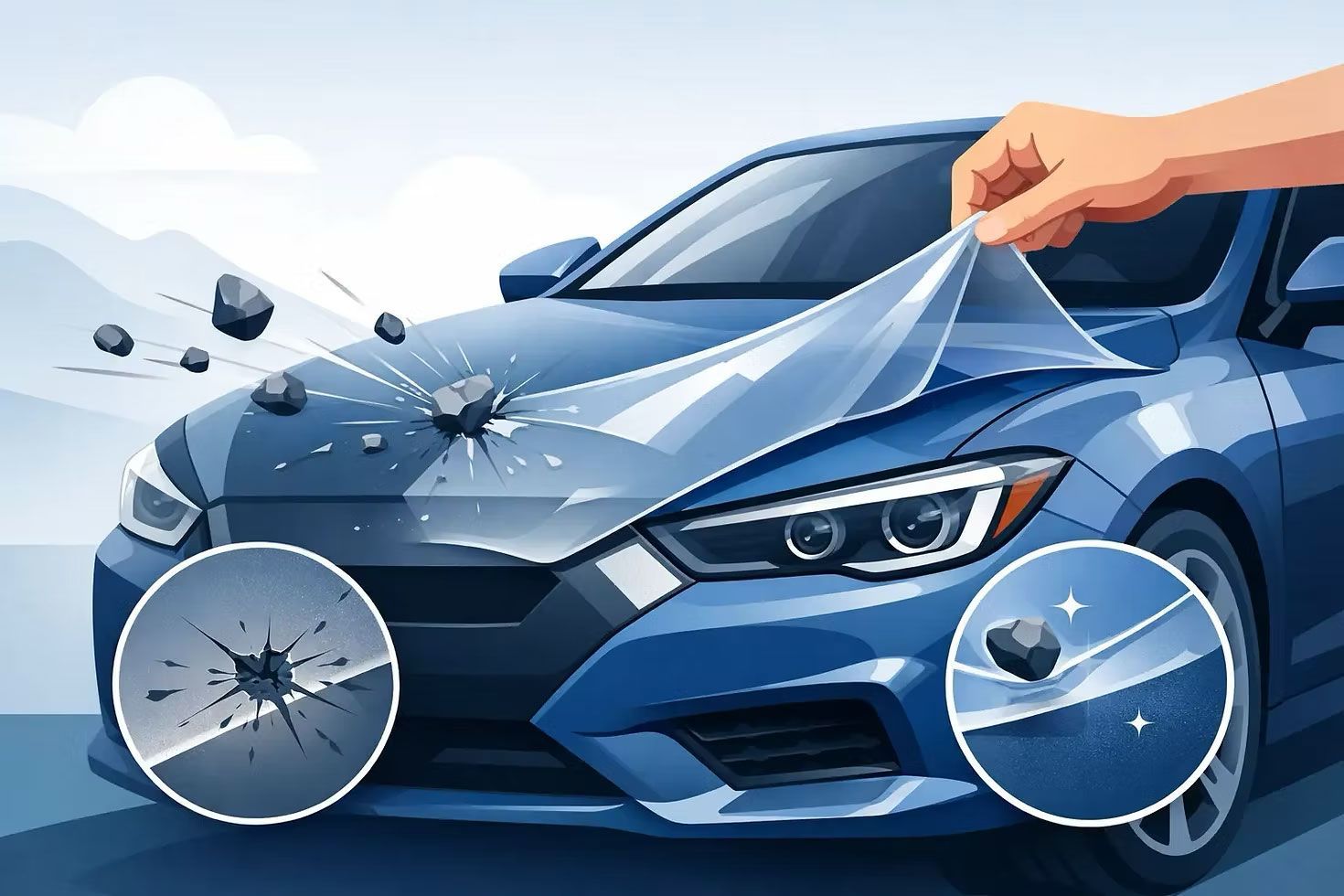 Blue car windshield being cracked by flying debris, with a hand peeling back protective film.