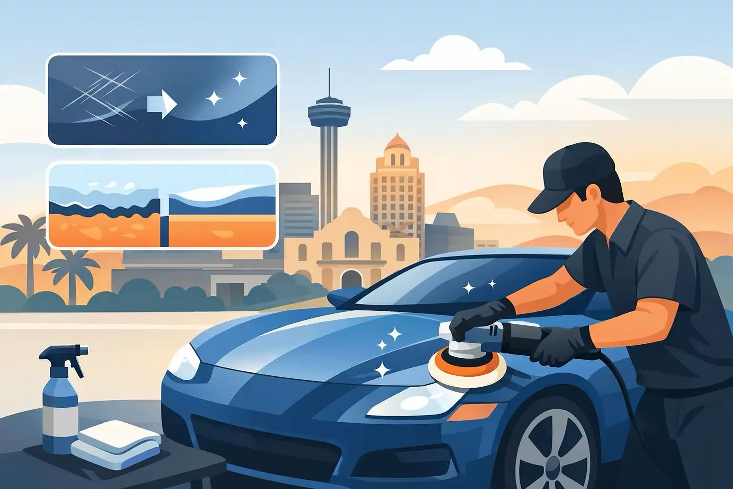 Detailer polishing a blue sports car outdoors at sunset with a city skyline in the background