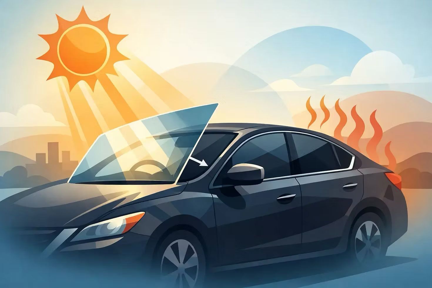 Dark car under hot sun with heat waves rising from the roof and windows open