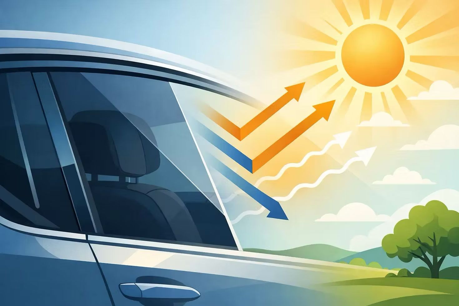 Car window with sunlight arrows and UV rays showing heat blocking tint