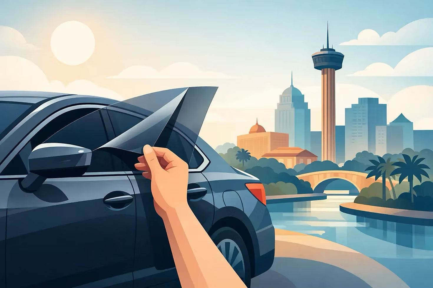 Hand opening a black car’s hood by a sunny waterfront city skyline