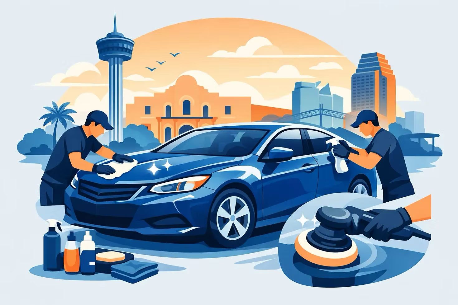 Mechanics polishing a blue car in a city auto shop illustration