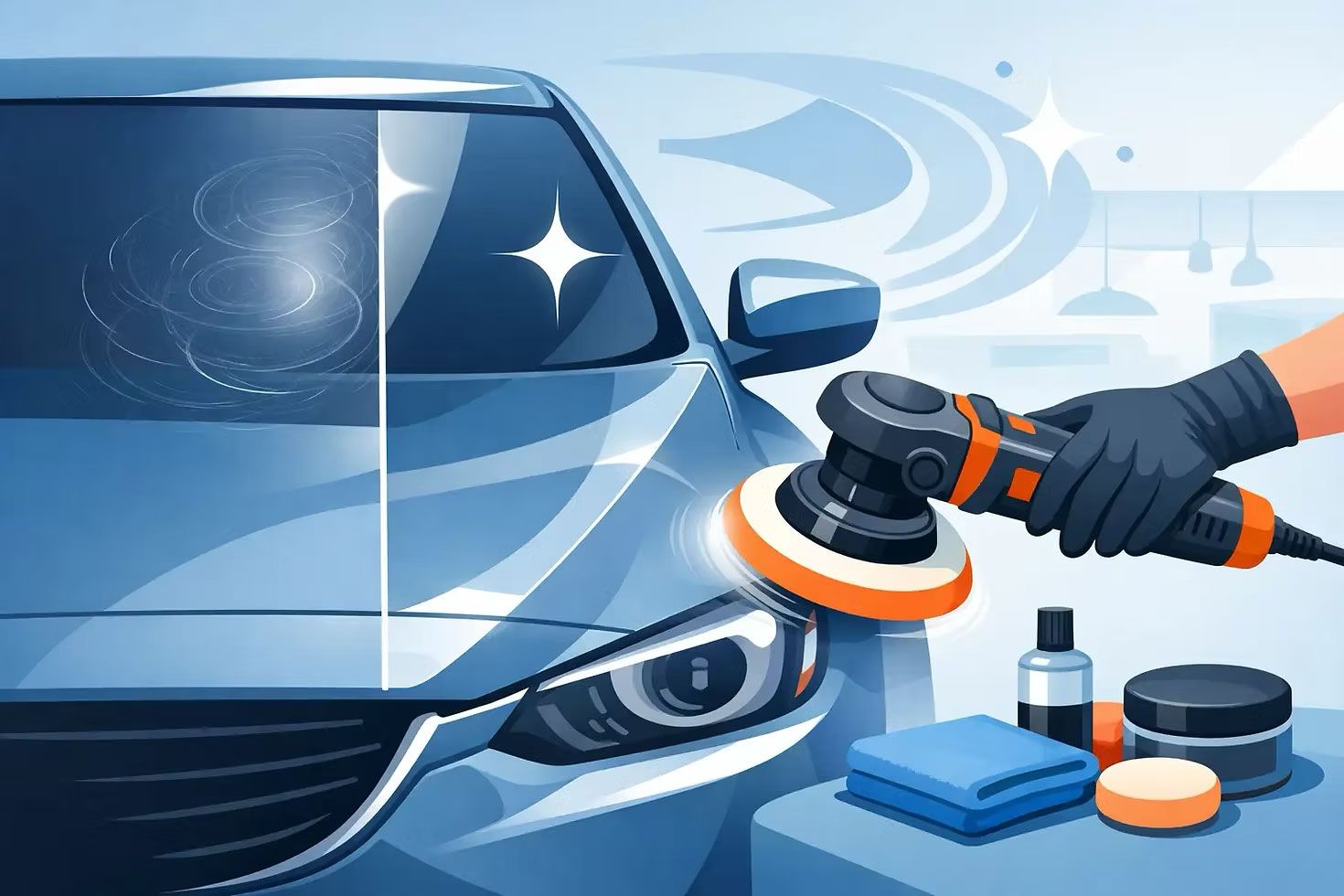 Car being polished with a rotary buffer, with detailing tools and wax containers nearby