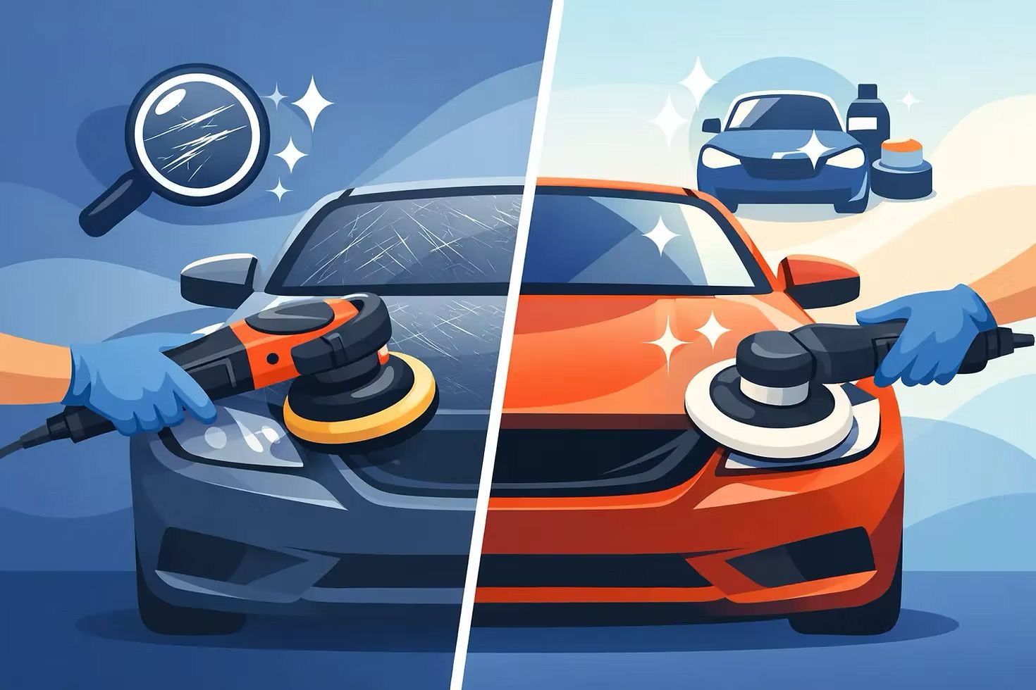 Split-screen car detailing: dark blue sedan being polished on left, orange sports car and blue car on right