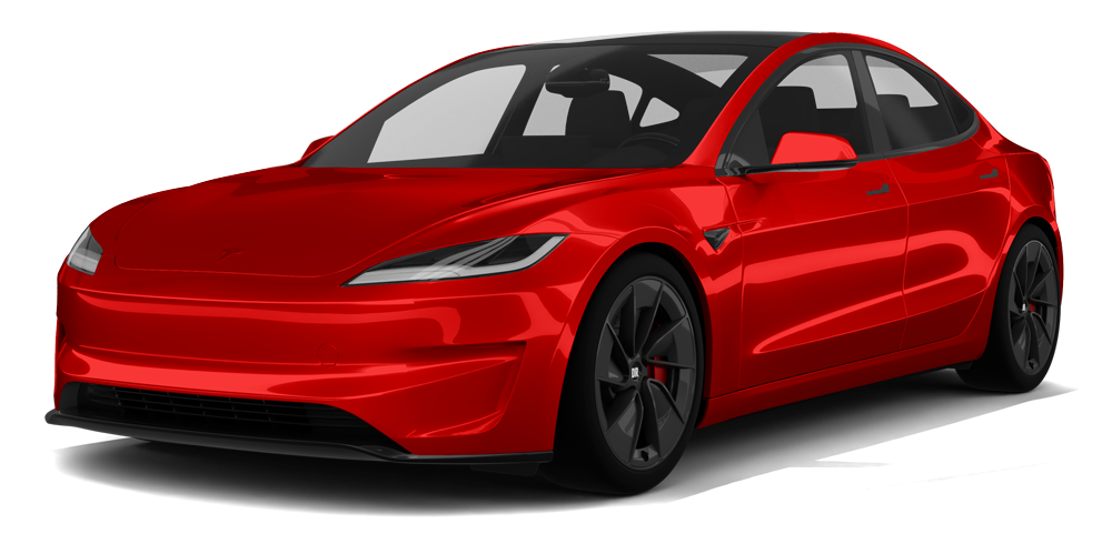 Red electric sedan on a white background, front three-quarter view