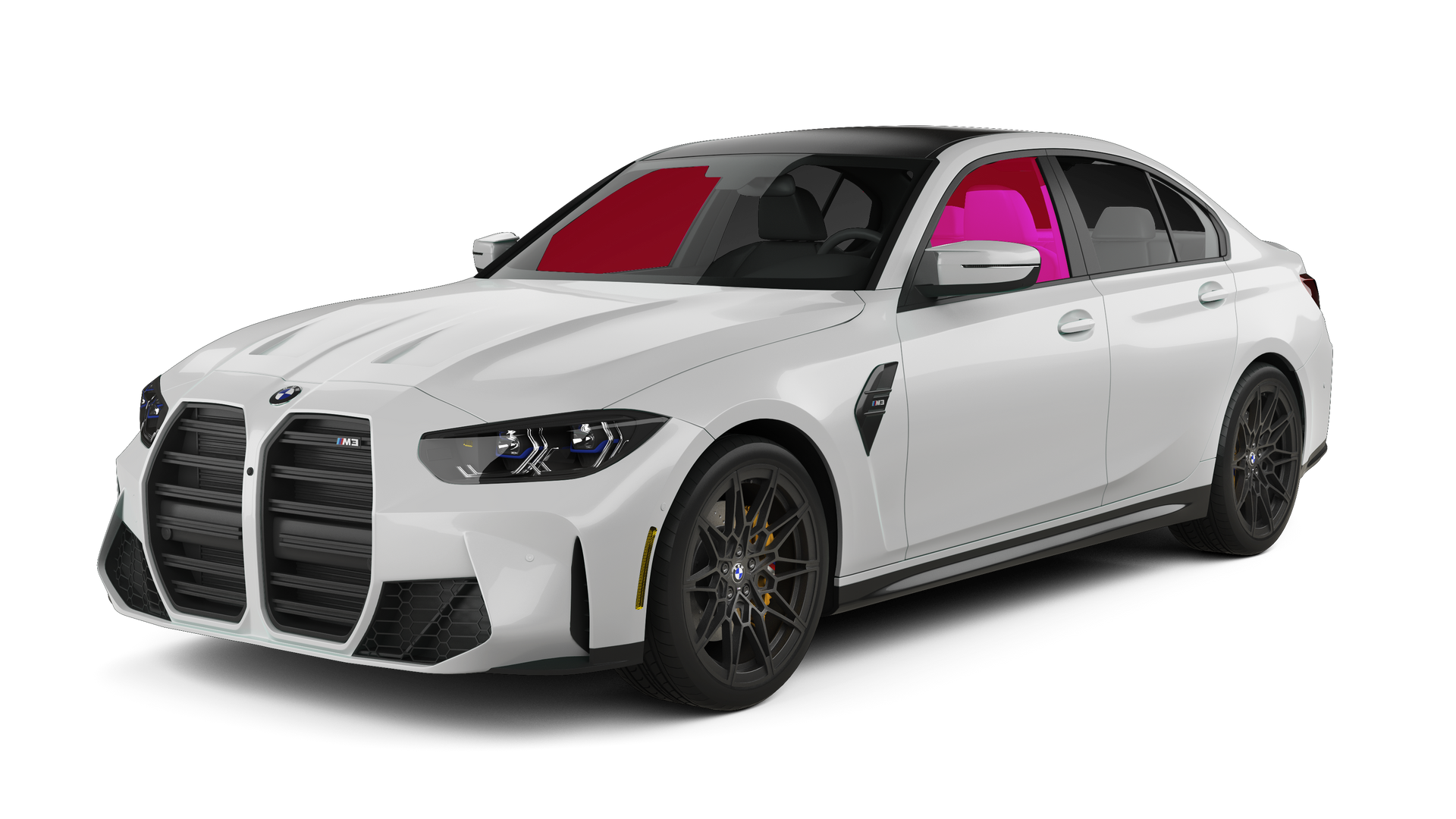 White sports sedan with a black grille and bright pink interior on a plain white background