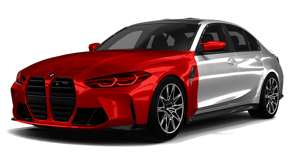 Red and silver luxury sports sedan on a white background, front three-quarter view.