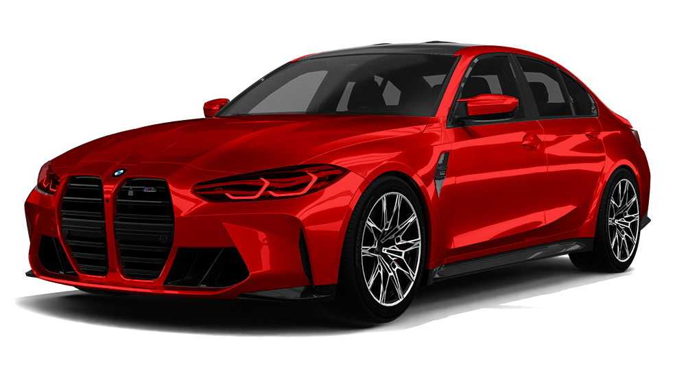 Red sporty sedan with black grille and rims on a white background