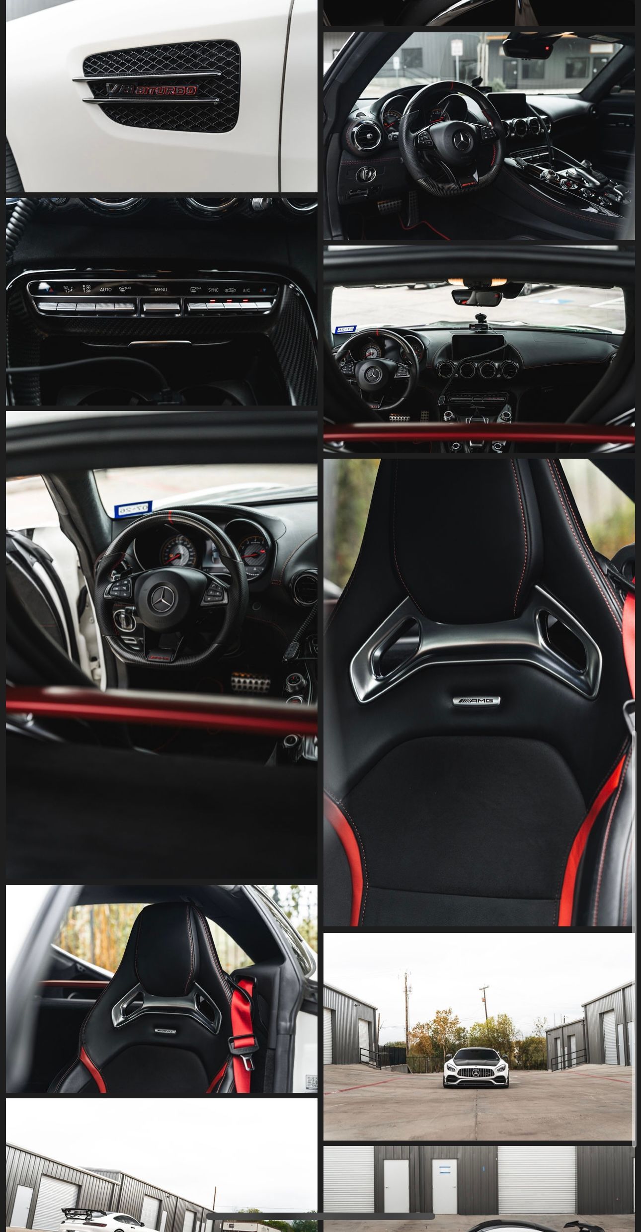 Collage of a black car’s exterior, steering wheel, dashboard, and interior seats at a car show