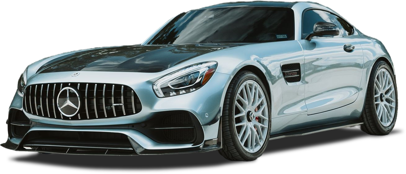 Silver Mercedes-Benz sports car on a white background, front three-quarter view