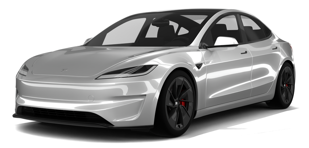 Silver sports sedan angled on a white background, with black wheels and a sleek aerodynamic design