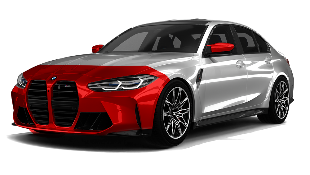 Red and silver BMW sedan on a white background