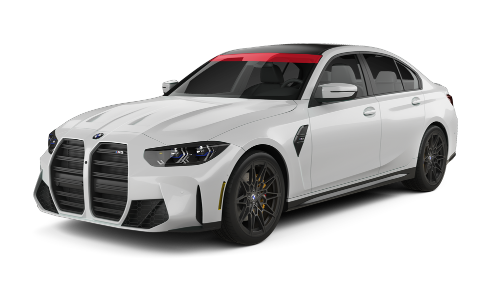 White BMW sedan with black rims and a red roof, shown in side-front view on a white background