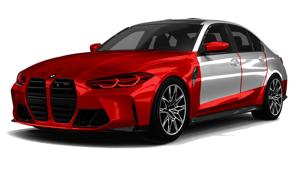 Red and silver sports sedan on a white background, front three-quarter view.