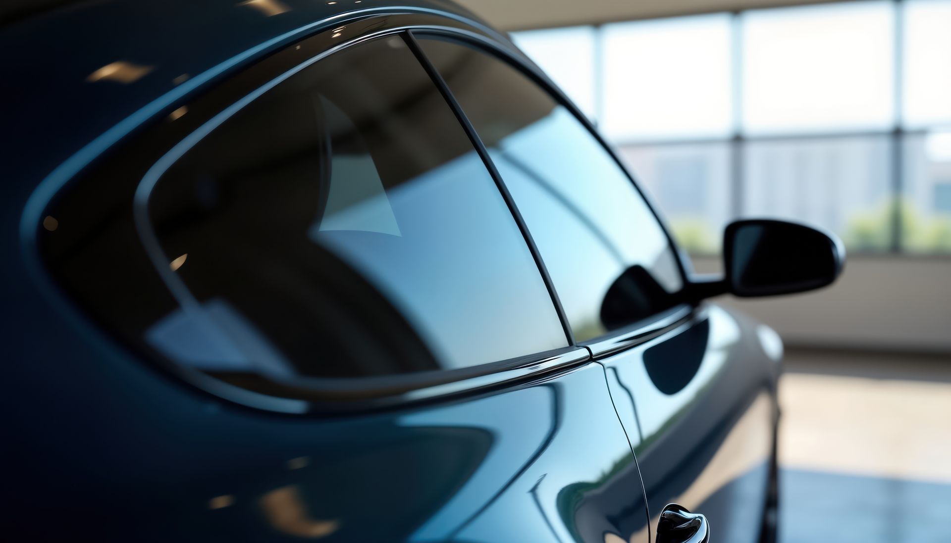 Blue sports car parked indoors, side view with glossy curved windows and black mirror