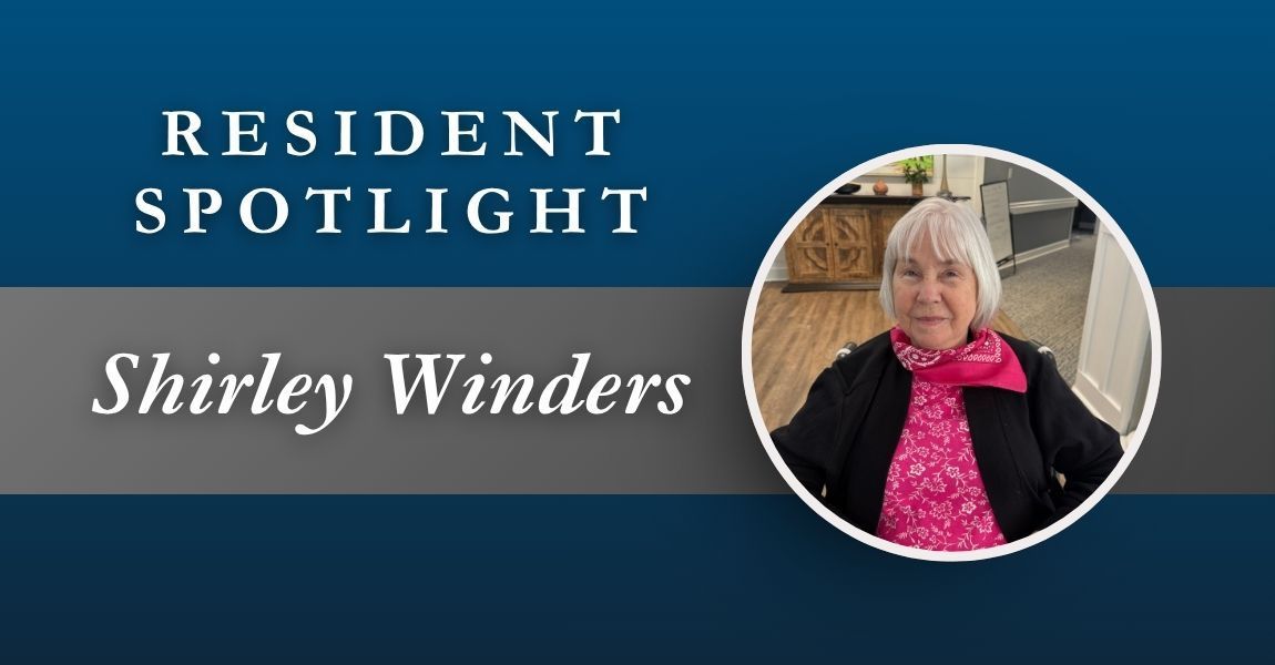 Resident Spotlight banner for Shirley Winders with a circular portrait on a blue background