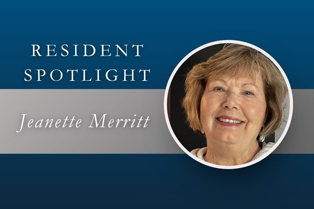 Resident Spotlight banner with a smiling portrait and the name Jeanette Merritt on a blue background