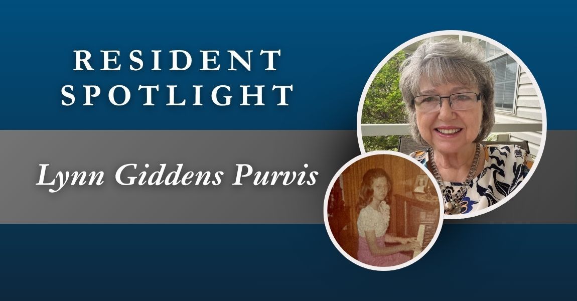Resident spotlight banner with the name Lynn Giddens Purvis and two circular portrait photos on a blue background
