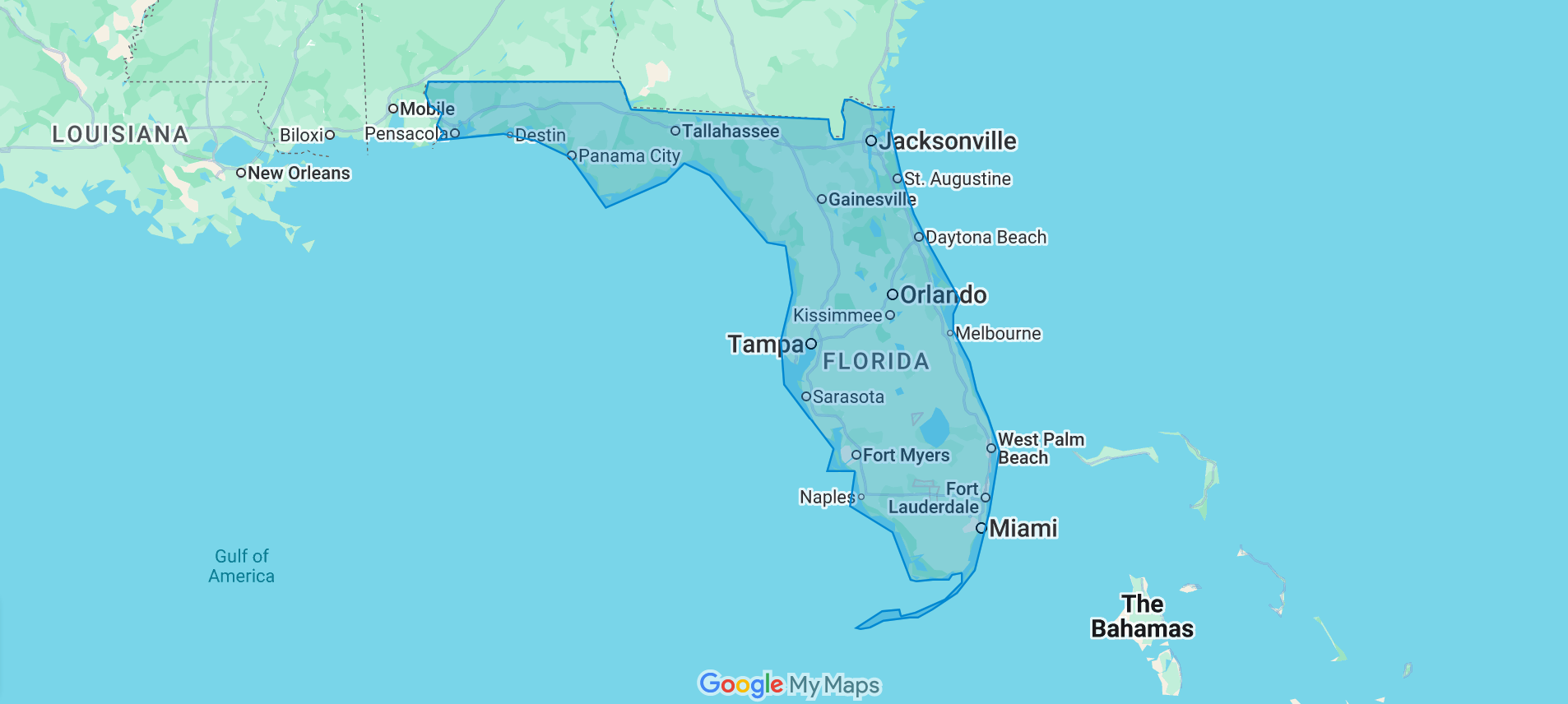 Map of Florida, highlighting the state's coastline and cities. Blue and green hues.
