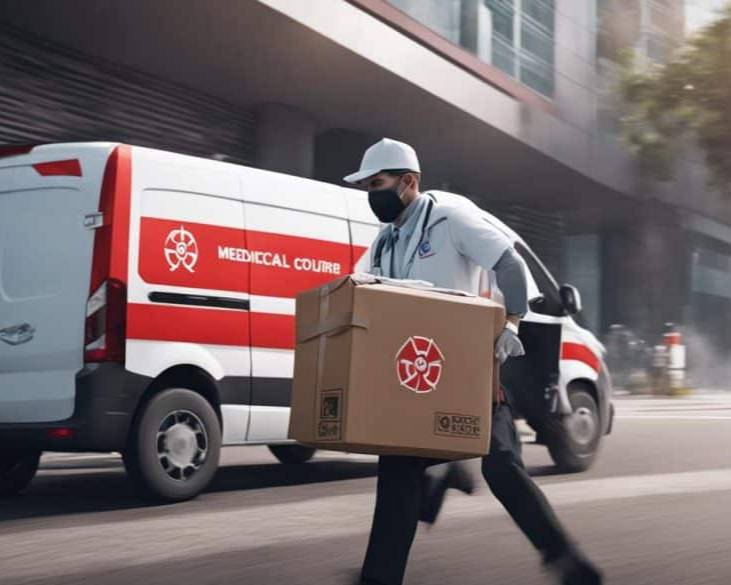Medical equipment delivery courier passing by a van.