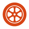 A car wheel icon in an orange circle on a white background.