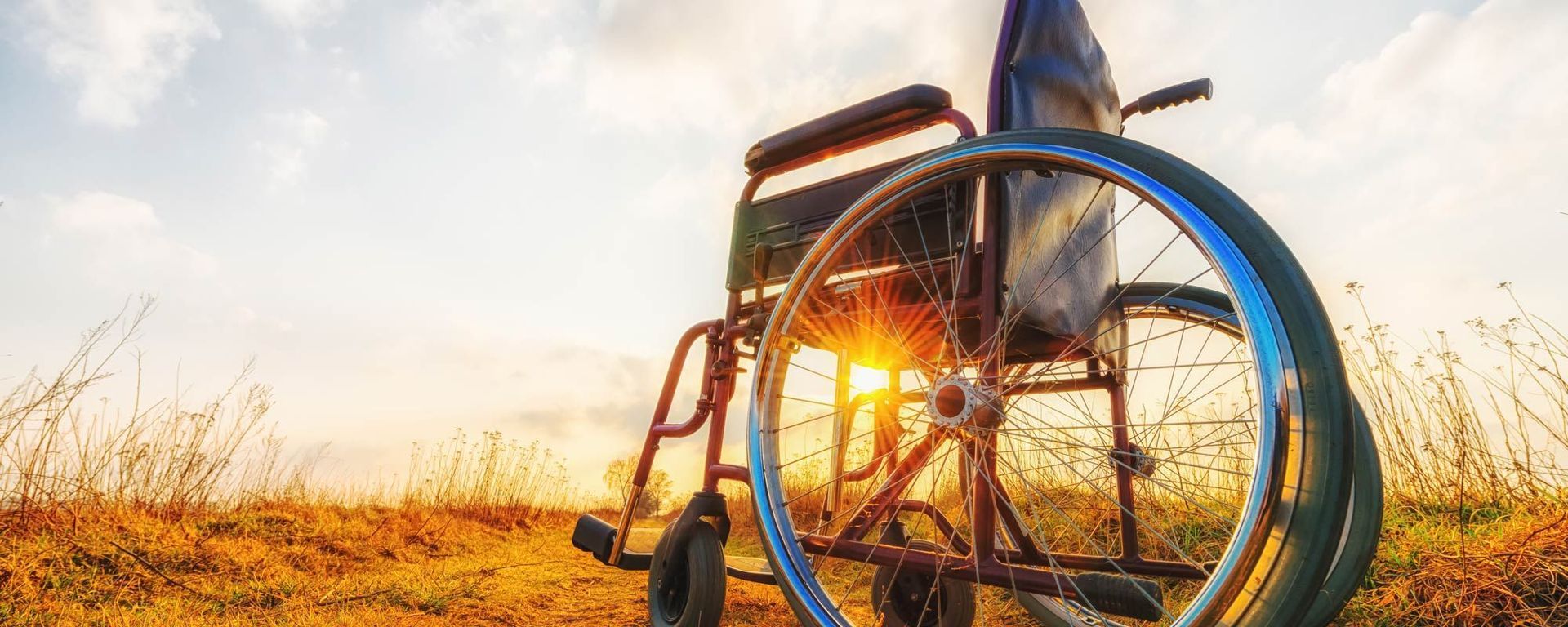 A person in a wheelchair is standing in a field at sunset.